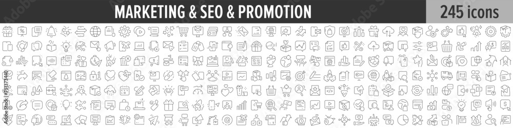 Marketing, SEO and Promotion linear icon collection. Big set of 245 Marketing, SEO and Promotion icons. Thin line icons collection. Vector illustration