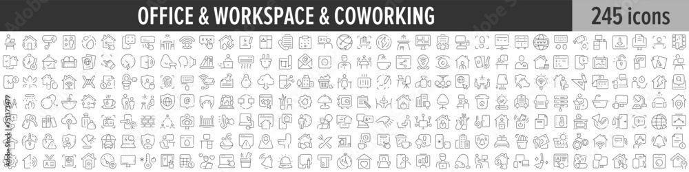 Office, Workspace and Coworking linear icon collection. Big set of 245 Office, Workspace and Coworking icons. Thin line icons collection. Vector illustration