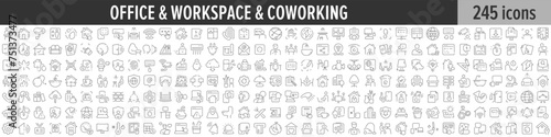 Office, Workspace and Coworking linear icon collection. Big set of 245 Office, Workspace and Coworking icons. Thin line icons collection. Vector illustration