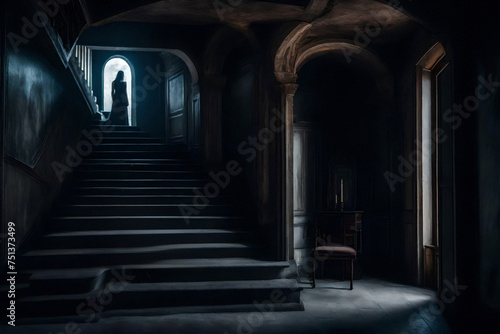 mysterious ghostly woman figure on top of a staircase in an old mansion