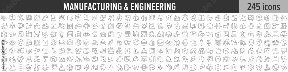 Manufacturing and Engineering linear icon collection. Big set of 245 Manufacturing and Engineering icons. Thin line icons collection. Vector illustration