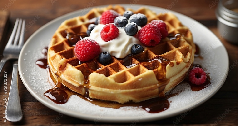 Create a close-up photograph of a single waffle on a plate, highlighting the realistic grid pattern and the deep pockets that trap syrup. Emphasize the texture of the waffle's surface-AI Generative Create a close-up photograph of a single waffle on a plate, highlighting the realistic grid pattern and the deep pockets that trap syrup. Emphasize the texture of the waffle's surface-AI Generative