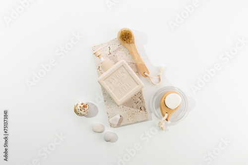 Various products for spa and beauty treatments, top view.