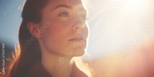 Hopeful woman basking in the glow of the sunset, her face alight with optimism