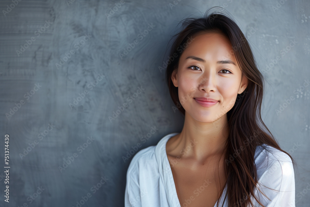 Graceful Young Woman with a Radiant Smile Standing Against a Textured Grey Background, Exemplifying Natural Beauty Graceful Young Woman with a Radiant Smile Standing Against a Textured Grey Background, Exemplifying Natural Beauty
