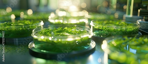 A table is seen with several bowls placed on top, each filled with a vibrant green liquid. The setup suggests a scientific experiment or research related to green alga biofuel.