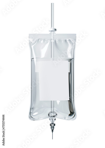 IV bag with blank label and transparent liquid on transparent background