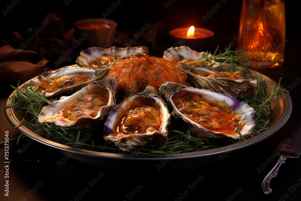 Exquisite dish of oysters in spicy sauce and rosemary for an elegant candlelit dinner setting Exquisite dish of oysters in spicy sauce and rosemary for an elegant candlelit dinner setting