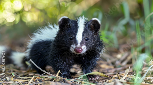 A baby skunk with striking black and white fur exploring around green foliage.