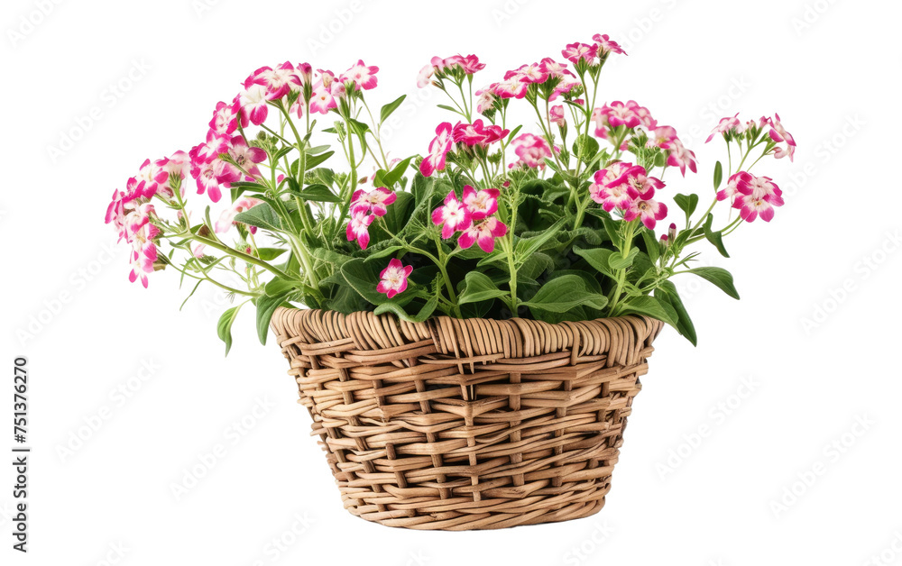 Scalloped Rattan Pot Holding Sweet William isolated on transparent Background