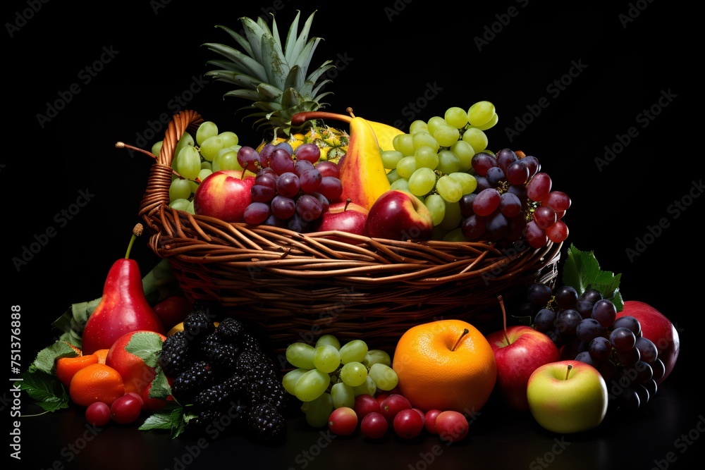 a basket of fruit on a black background