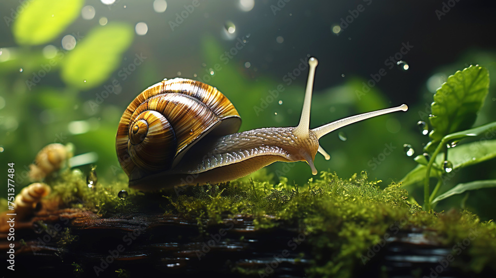 Close up of a snail crawls on wet moss, on blurred background  - obrazy, fototapety, plakaty 