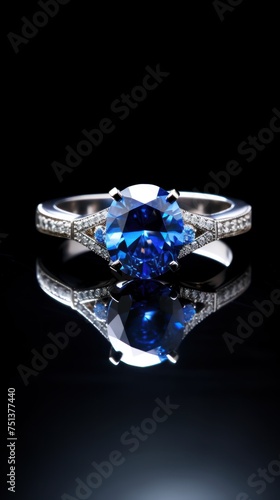 Jewelry ring with blue sapphire on a black background with copy space. Perfect for jewelry store advertisements or engagement-related content with Copy Space. © John Martin