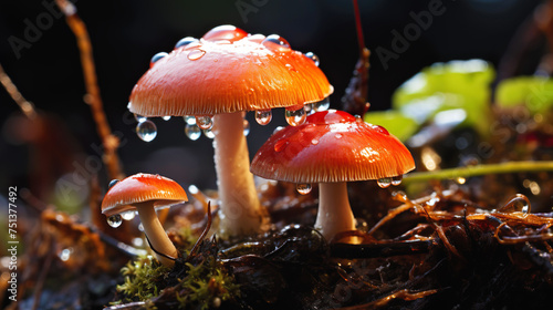 Macro shot of mushrooms with glistening water drops