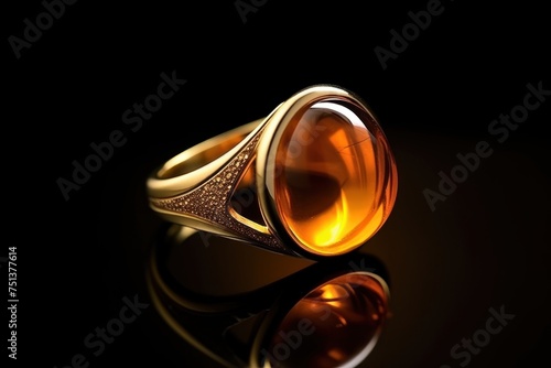 Jewelry ring with precious stone on black background. Jewelry background with copy space.