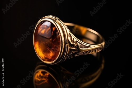 Jewelry ring with precious stone on black background. Jewelry background with copy space.