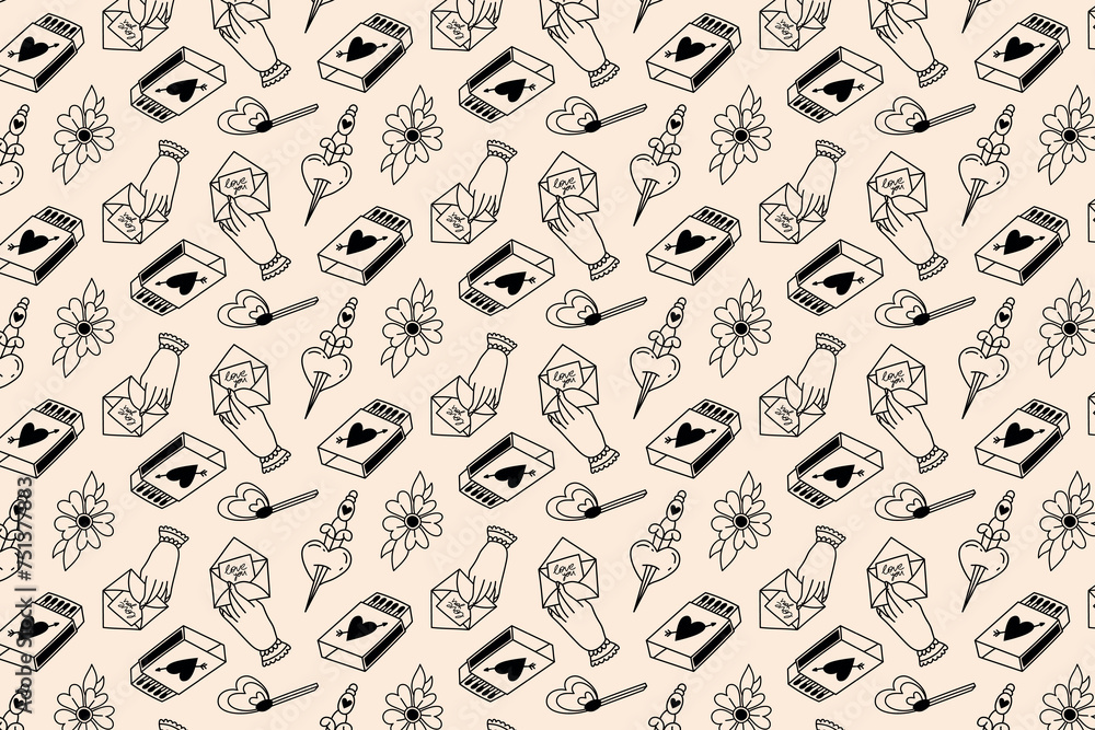 hands, a box of matches, a seamless pattern in the old-school tattoo style hands, a box of matches, a seamless pattern in the old-school tattoo style