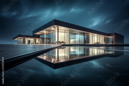 a building with a pool and a glass wall