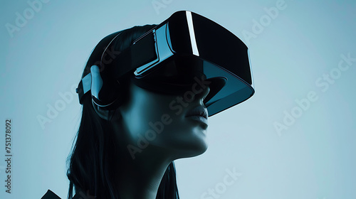 Portrait of a young woman wearing a virtual reality headset. She is looking at something in the distance with a look of wonder on her face.