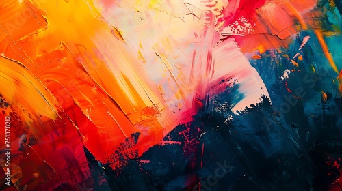 Colorful abstract painting with vibrant hues of red, orange, yellow, and blue. photo