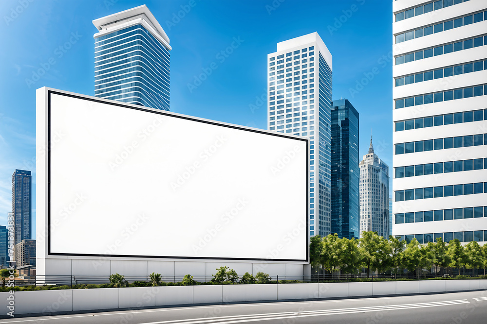 Obraz premium Urban Modernity Displayed: White Large Horizontal Billboard Mockup Against a Dynamic City Background