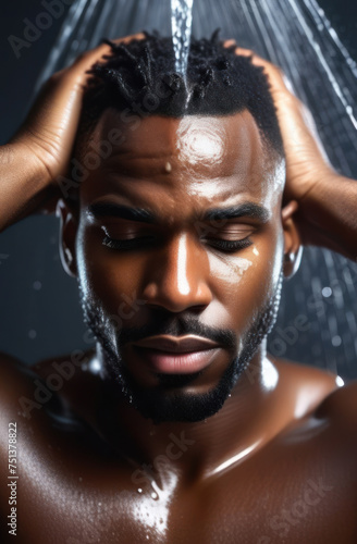African American man standing at the shower. Guy washes himself and does a self-massage of his head. Men's self care. © 7707601