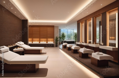 Close-up of loungers in cozy spa room