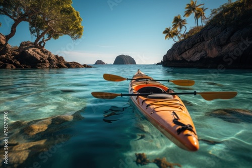 Kayak in turquoise sea with palm trees on background. Tourism and active recreation concept