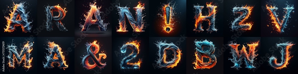 Fototapeta premium Lettering Typeface That Blends water and fire. AI generated illustration