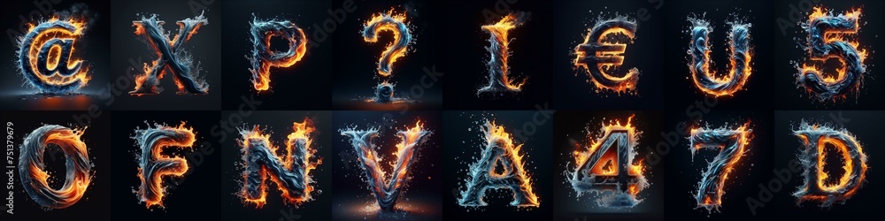 Fototapeta premium Lettering Typeface That Blends water and fire. AI generated illustration