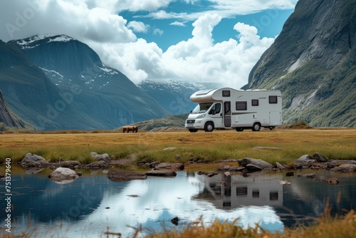Vacation with Caravan car. Family travel RV, holiday trip in motorhome with beautiful nature landscape photo