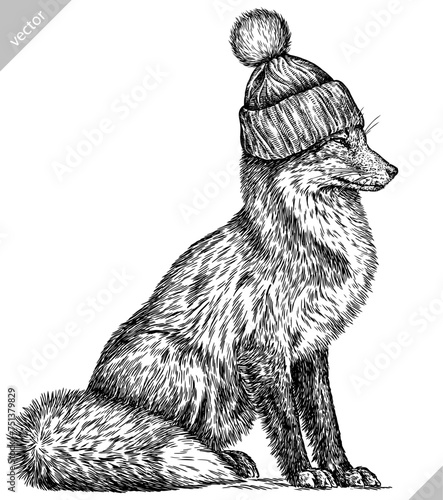Vintage engraving isolated fox glasses dressed fashion set illustration ink sketch. Wild animal background foxy animal silhouette sunglasses hipster hat art. Black and white hand drawn vector image