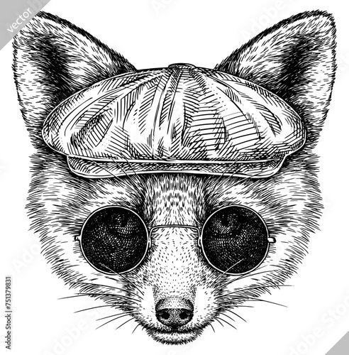 Vintage engraving isolated fox glasses dressed fashion set illustration ink sketch. Wild animal background foxy animal silhouette sunglasses hipster hat art. Black and white hand drawn vector image