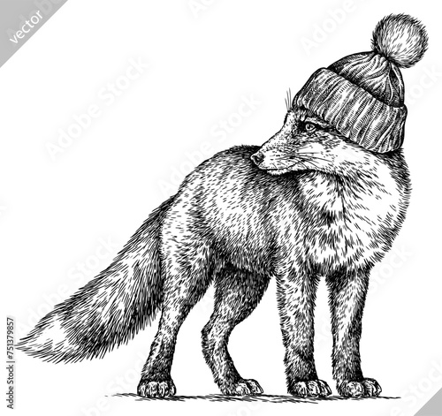 Vintage engraving isolated fox glasses dressed fashion set illustration ink sketch. Wild animal background foxy animal silhouette sunglasses hipster hat art. Black and white hand drawn vector image
