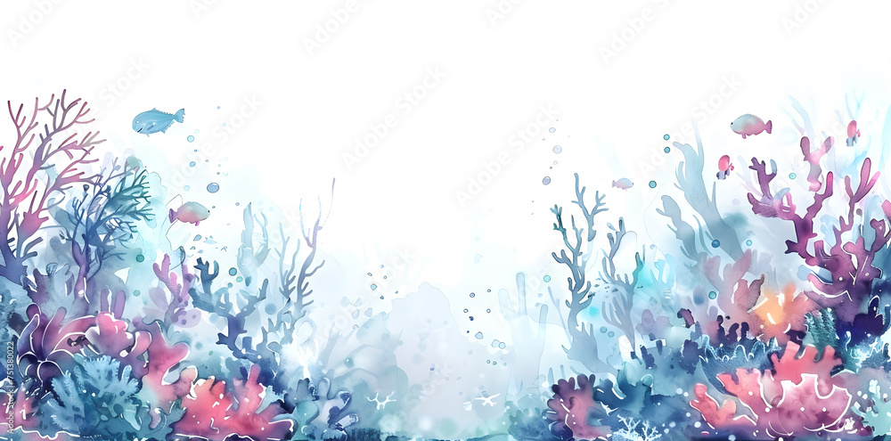 Colorful underwater world in watercolor style isolated on white background - obrazy, fototapety, plakaty 