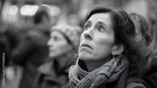 A black and white portrait of a woman looking up at something off camera with a look of awe and wonder on her face. photo