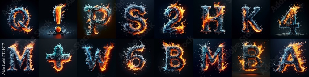Fototapeta premium Lettering Typeface That Blends water and fire. AI generated illustration