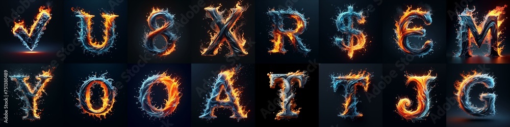 Fototapeta premium Lettering Typeface That Blends water and fire. AI generated illustration