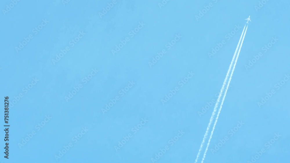 A passenger plane flies against a background of a blue sky without clouds.A long white trail remains behind the plane and gradually dissolves.Travel themed background with empty space for information A passenger plane flies against a background of a blue sky without clouds.A long white trail remains behind the plane and gradually dissolves.Travel themed background with empty space for information