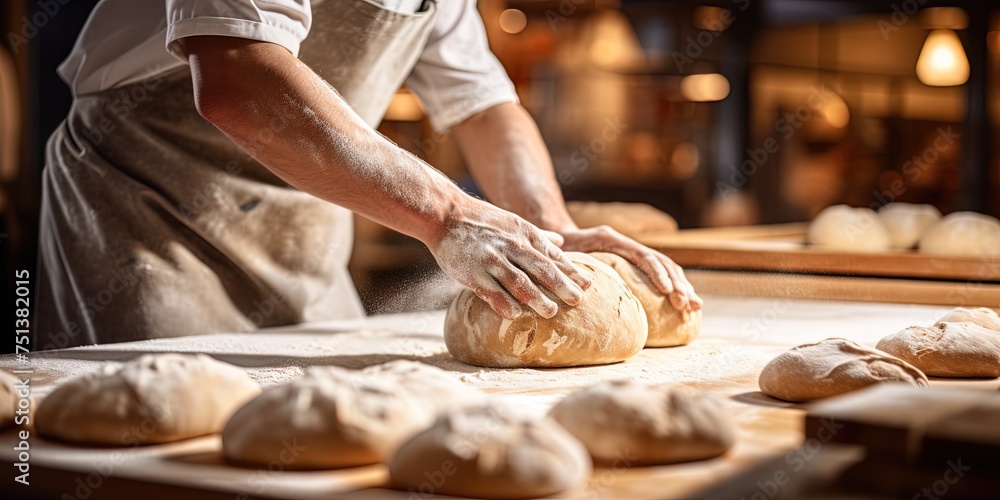 Bread Dough in bakery with defocused worker in background