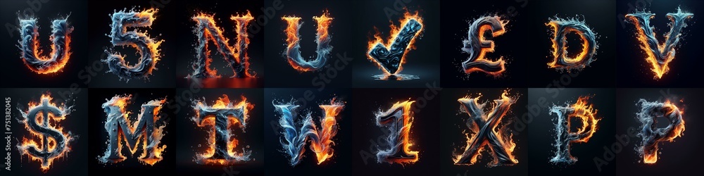 Fototapeta premium Lettering Typeface That Blends water and fire. AI generated illustration