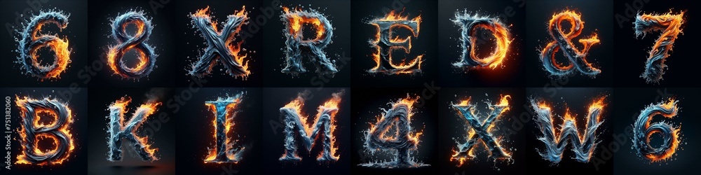 Fototapeta premium Lettering Typeface That Blends water and fire. AI generated illustration