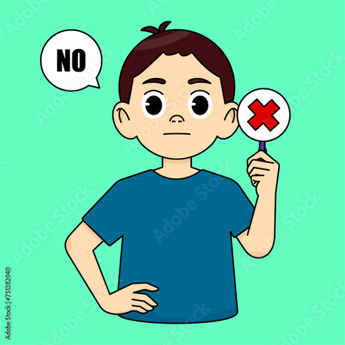 The boy says NO, holds a red cross sign. Sign of disagreement