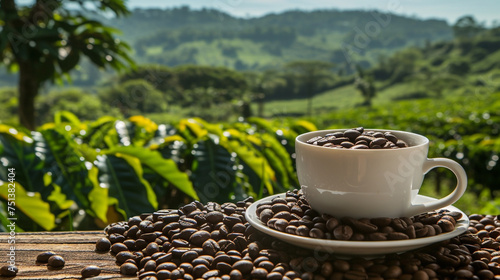 A cup of fresh coffee against the backdrop of a landscape of mountain coffee plantations, selective focus