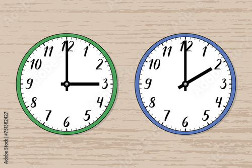 Illustration of two wall clocks on wood. The green one symbolizes summer, the blue one winter. Symbol of time change. Transition of time, the change to standart time. Moving the hands backward.