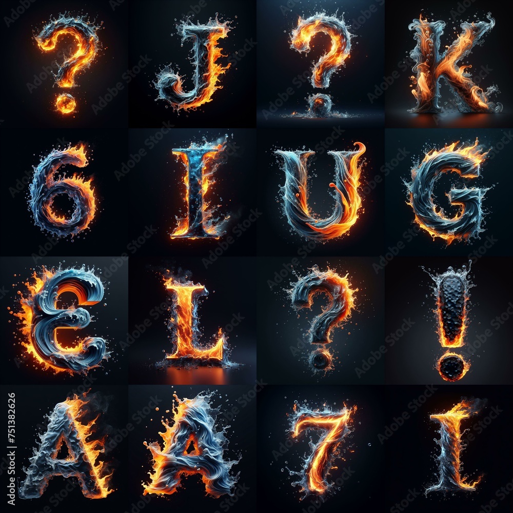 Fototapeta premium Lettering Typeface That Blends water and fire. AI generated illustration