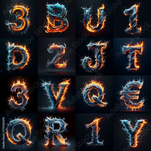 Lettering Typeface That Blends water and fire. AI generated illustration