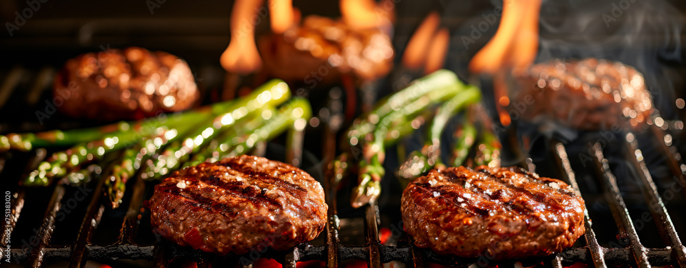 Juicy hamburgers and asparagus grilling on a BBQ, with flames in the background. Juicy hamburgers and asparagus grilling on a BBQ, with flames in the background.