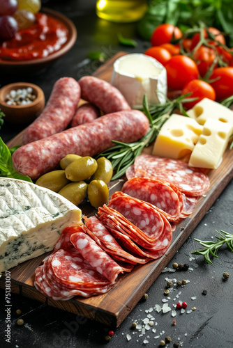 Board with sliced sausage and gourmet cheeses. selective focus. Generative AI,