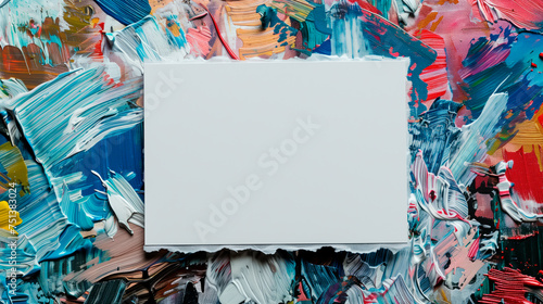 Blank white canvas or card on a vibrant abstract painted background, symbolizing creativity and artistry. Copy space. 